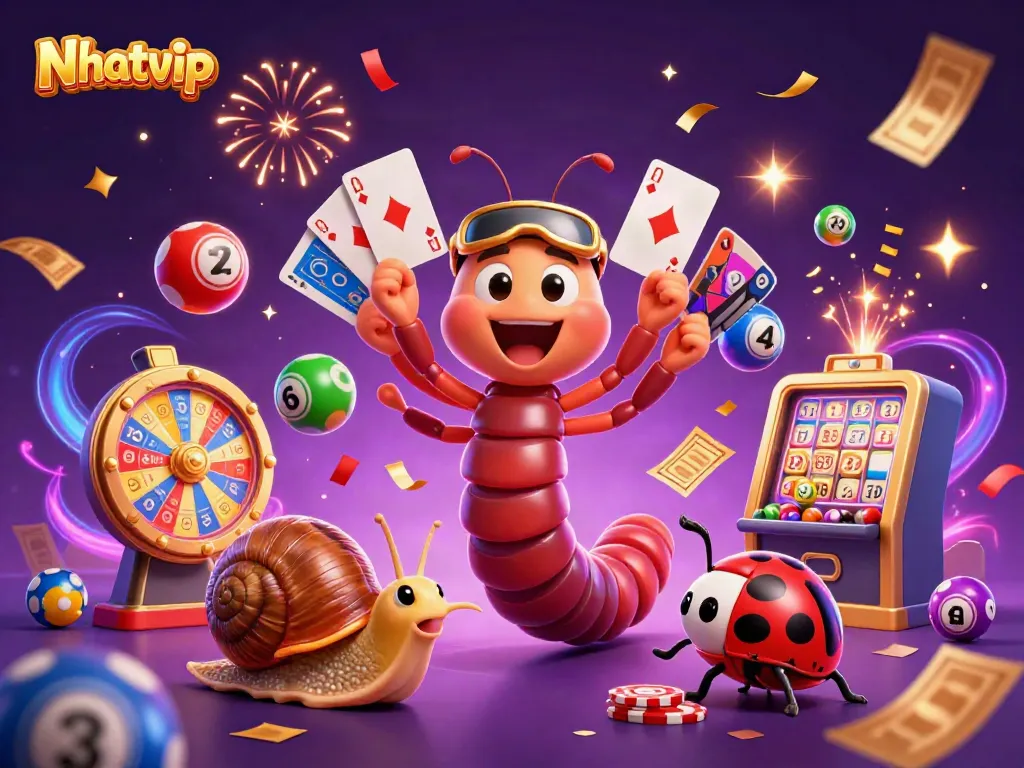 Nhatvip showcases an exciting casino scene with a lively millipede dealer and celebrating characters amidst vibrant game elements.