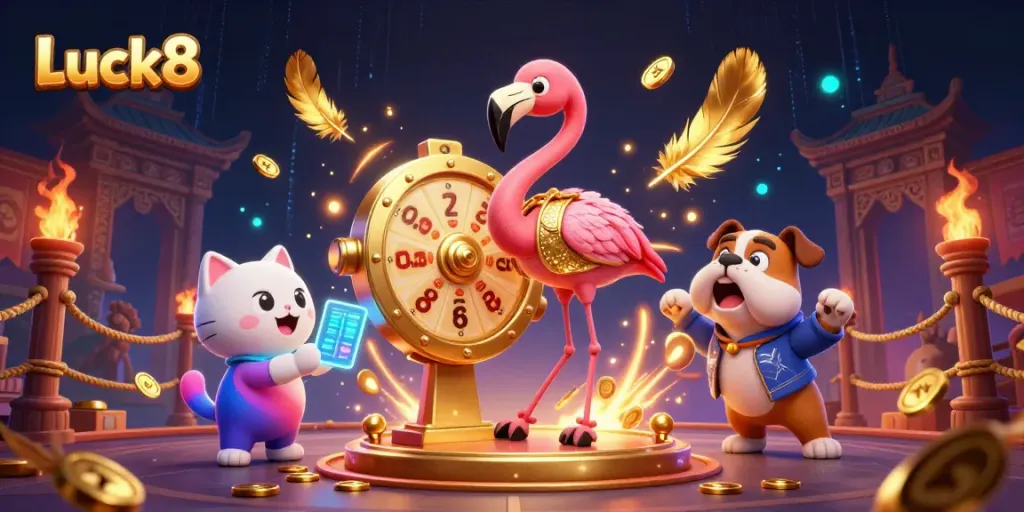 Experience Luck8 with exciting prizes showcased by a flamingo host and bulldog contestant in a vibrant casino scene.