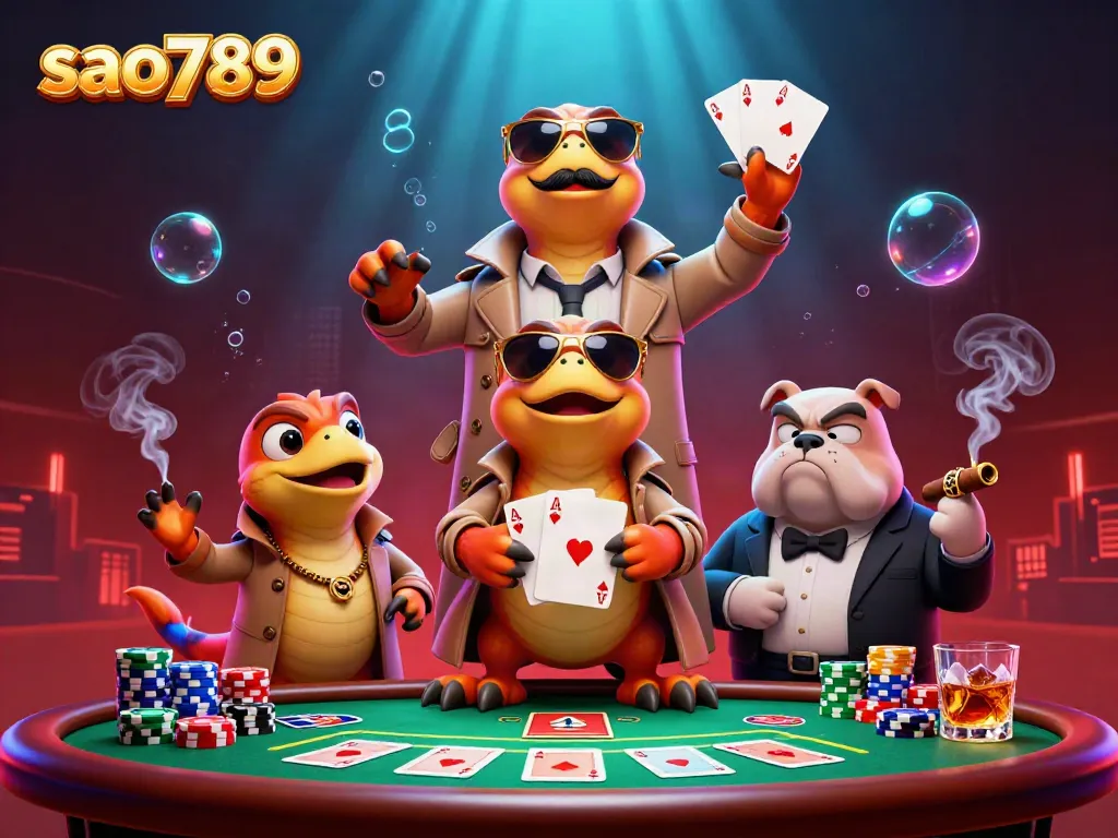 Sao789's dynamic VIP casino scene with cartoon raptors and poker elements creating a vibrant atmosphere.