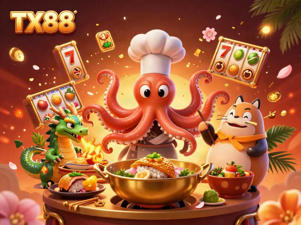 Experience the thrill of TX88 with a vibrant casino scene featuring colorful characters preparing exciting dishes and floating slot reels.