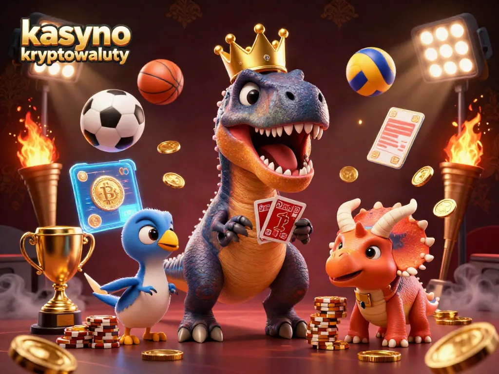 Experience the thrill of kasyno kryptowaluty with a cartoon T-Rex shuffling cards and a baby triceratops stacking gold chips.