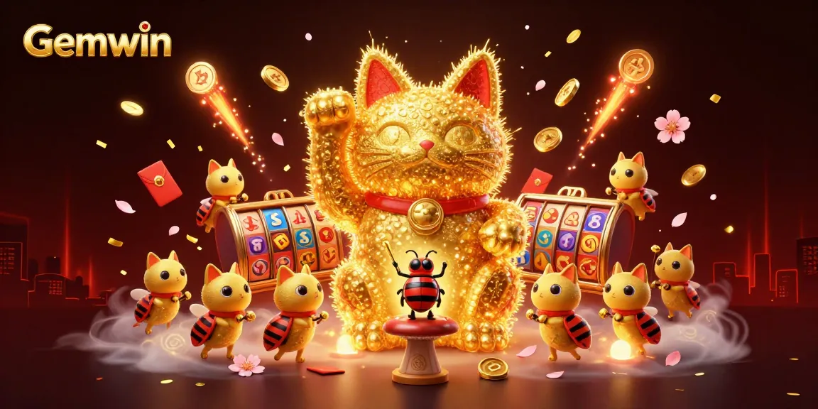 Experience gaming excitement at Gemwin with a lively golden cat and dynamic casino symbols
