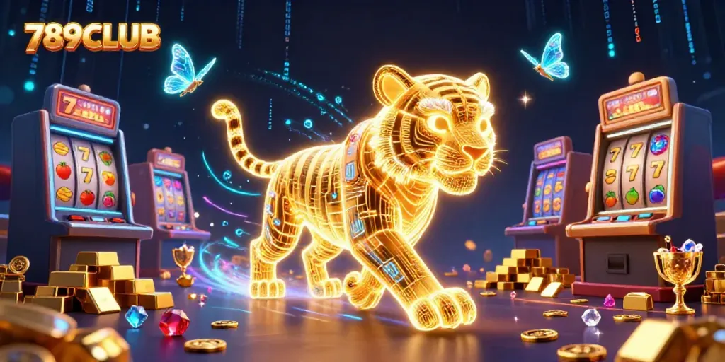 Join the excitement at 789CLUB with the neon golden tiger and dazzling casino treasures.