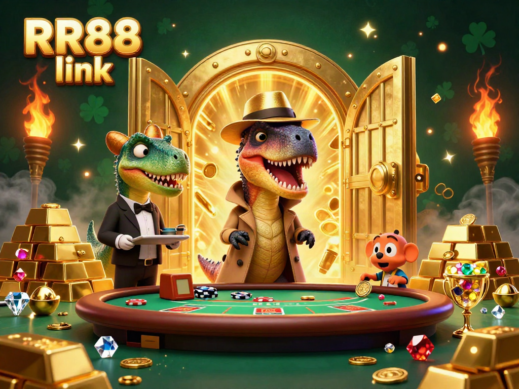 Experience the thrill of RR88 link with a velociraptor card counter covertly engaging in a blackjack game amid dazzling casino treasures.