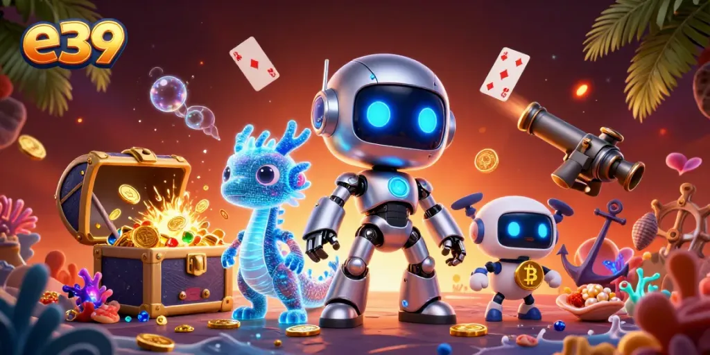Join the excitement with E39 at the casino, featuring a dynamic 3D illustration of a cyberpunk robot and gaming elements.