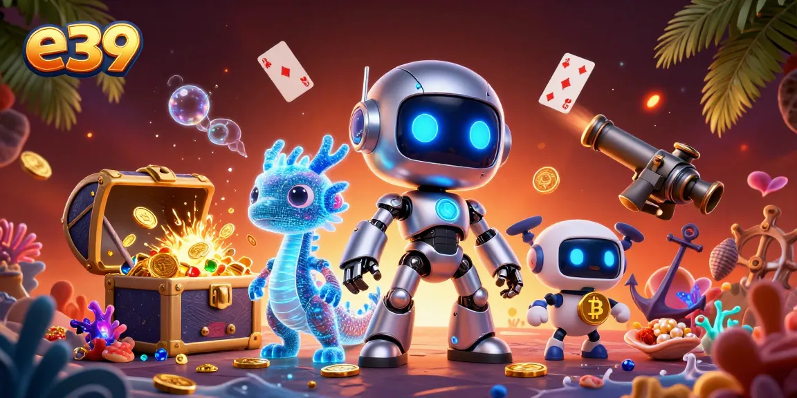 Join the excitement with E39 at the casino, featuring a dynamic 3D illustration of a cyberpunk robot and gaming elements.