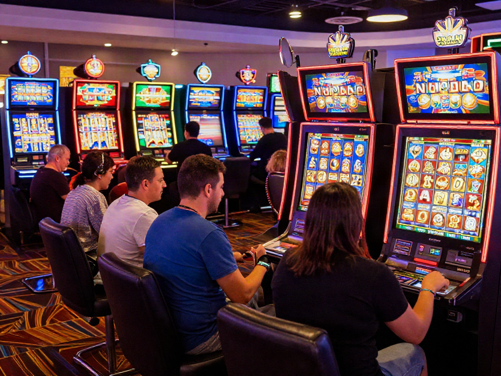 Excited players engaging with slot machines, showcasing vibrant games and casino ambiance.