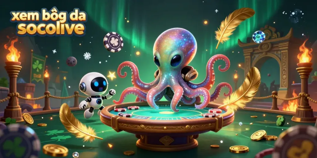 Experience xem bóng đá socolive with an engaging action-promo featuring a cartoon octopus at a poker table.