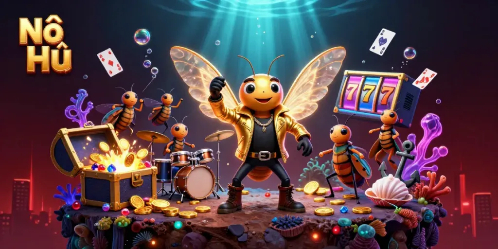Win big in Nổ Hũ with colorful slot reels and festive casino elements in a vibrant 3D scene.