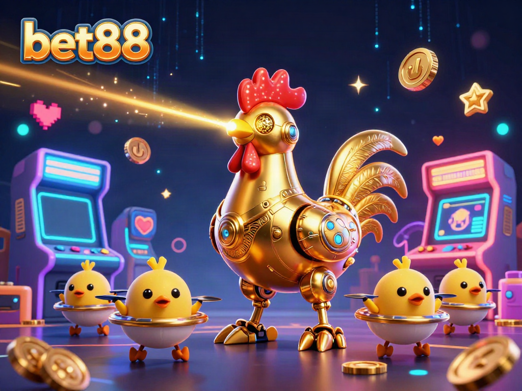 Engage in thrilling action at bet88 through a vibrant digital casino illustration featuring retro-futuristic characters and arcade elements.