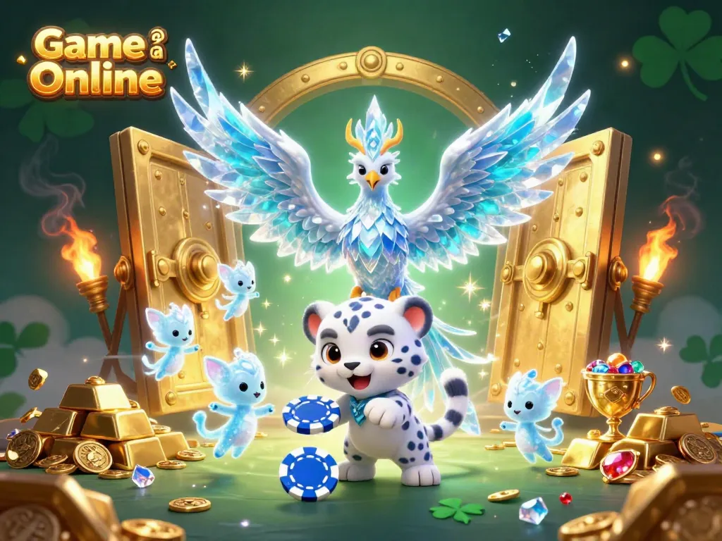 Experience the thrilling Game Bài Online with vivid illustrations of an ice phoenix, snow leopard cub, and dazzling treasures.