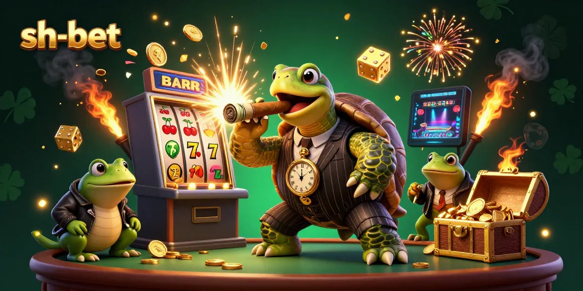 Experience the thrill of sh-bet with a dynamic 3D scene featuring a turtle mobster, bullfrog enforcers, and vibrant casino elements.