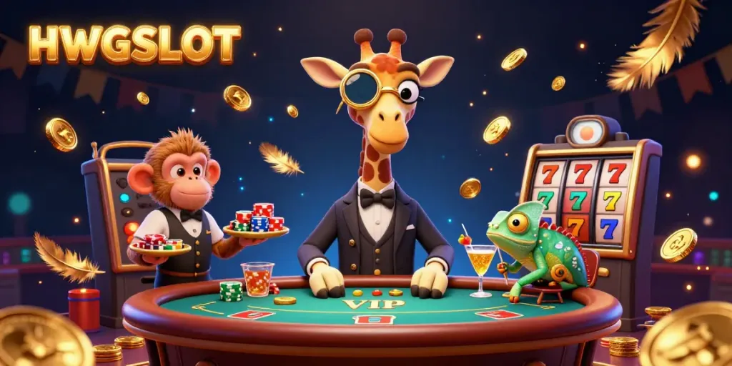 Experience high-stakes casino fun with HWGSLOT's vibrant 3D illustration featuring a giraffe and monkey in action.