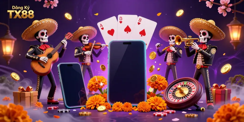 Engage in exciting gameplay with Đăng Ký TX88 at a vibrant casino scene featuring a skeleton mariachi band.