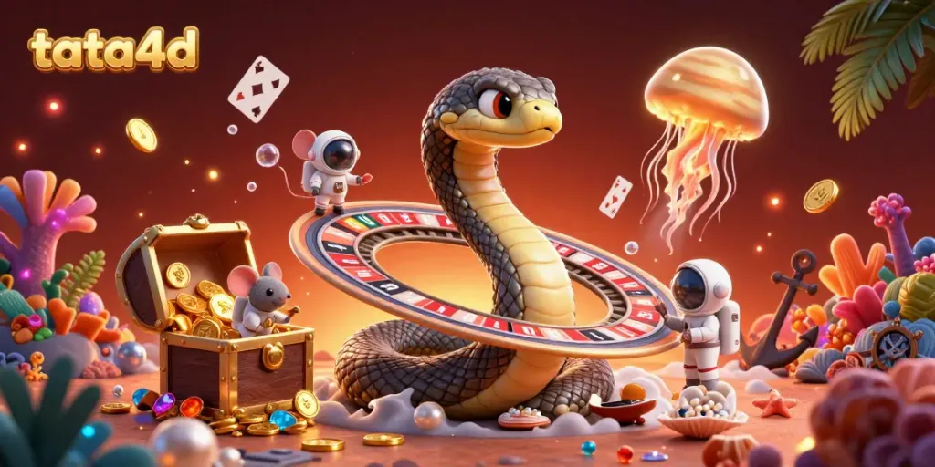 TATA4D themed cosmic casino illustration featuring betting astronaut mice, a Saturn ring roulette, and a golden jellyfish dealer.