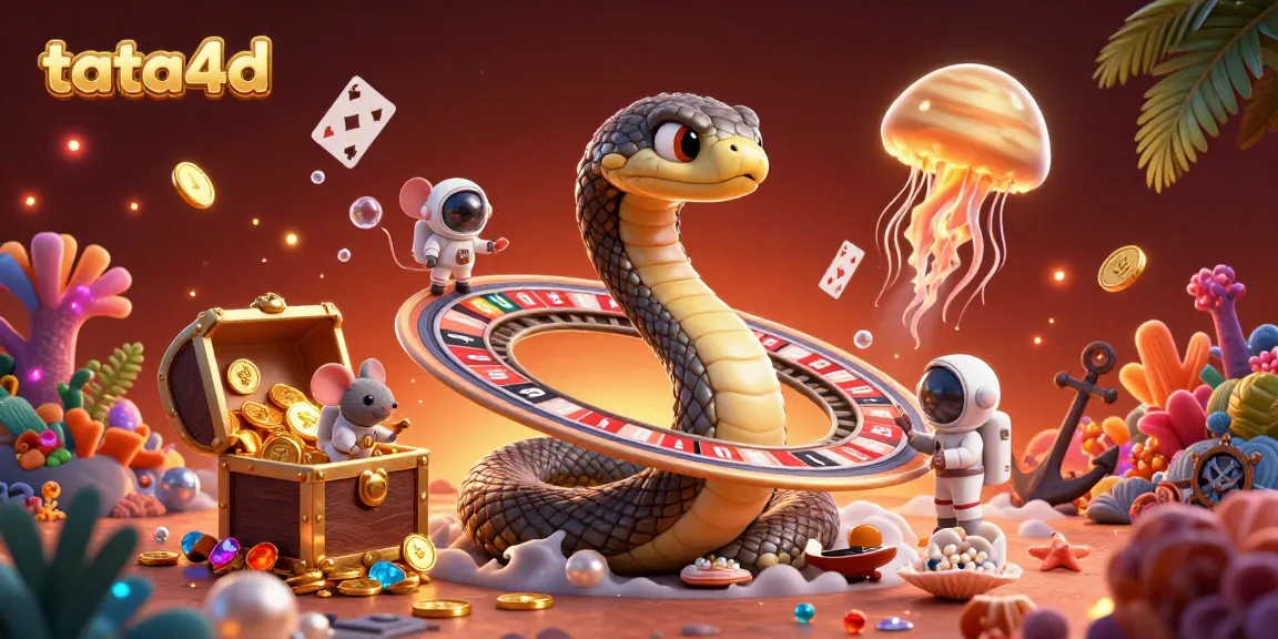 TATA4D themed cosmic casino illustration featuring betting astronaut mice, a Saturn ring roulette, and a golden jellyfish dealer.