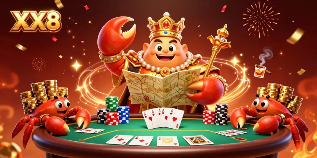 Experience the excitement of XX8 with vibrant 3D characters and dynamic poker elements in a colorful casino scene.