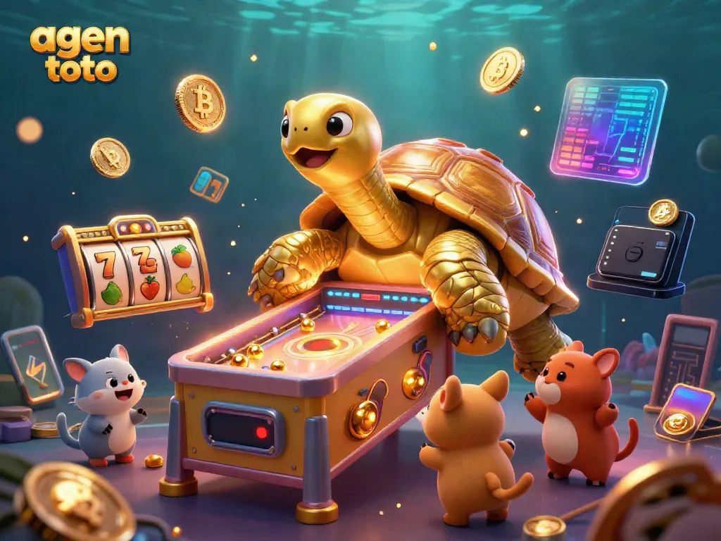 Gambarkan pengalaman bermain agen toto dengan karakter kartun kura-kura emas dan slot mesin pinball yang berfungsi.
