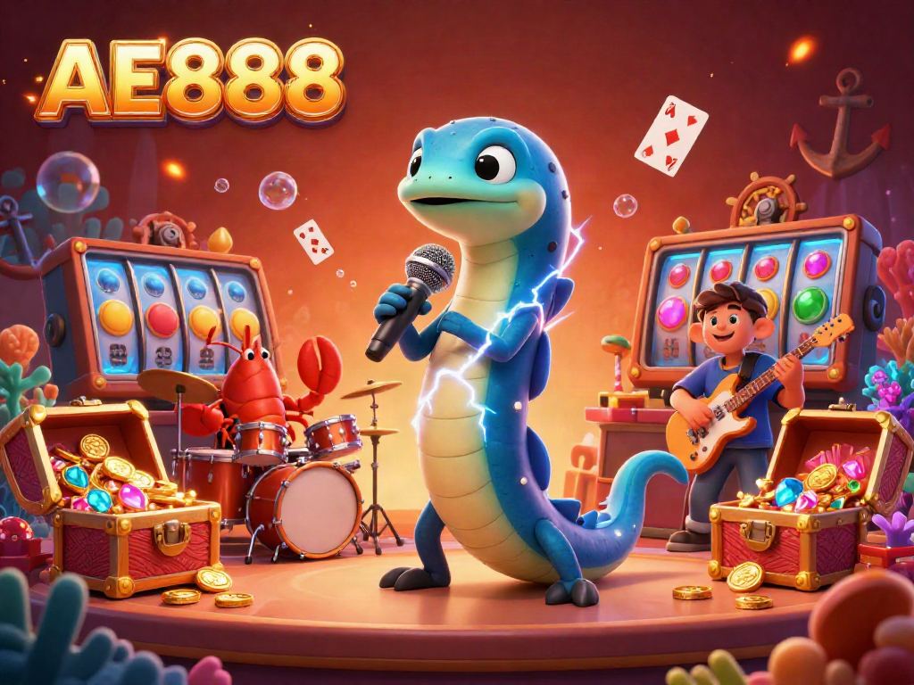 Experience the excitement of AE888 casino with an underwater DJ performance featuring vibrant characters and dynamic game elements.