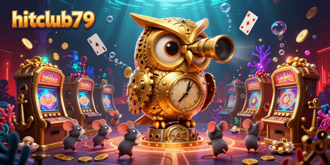 Experience the excitement of hitclub79 with a dynamic 3D illustration showcasing a golden owl overlooking a vibrant casino floor filled with treasures.