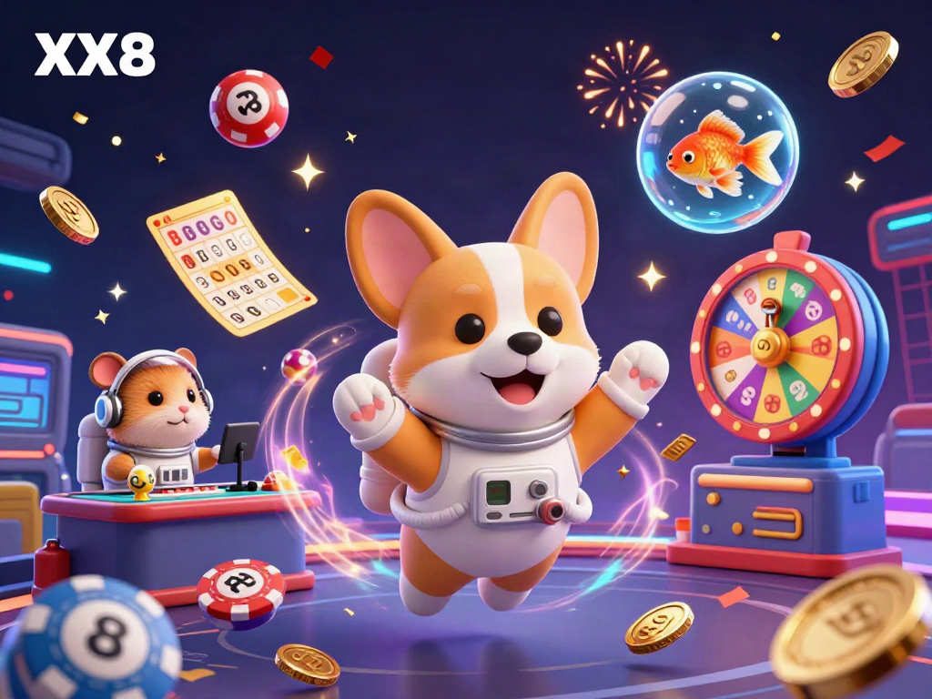 Experience the excitement at XX8's space-themed casino with floating corgi astronaut and dynamic gaming elements.
