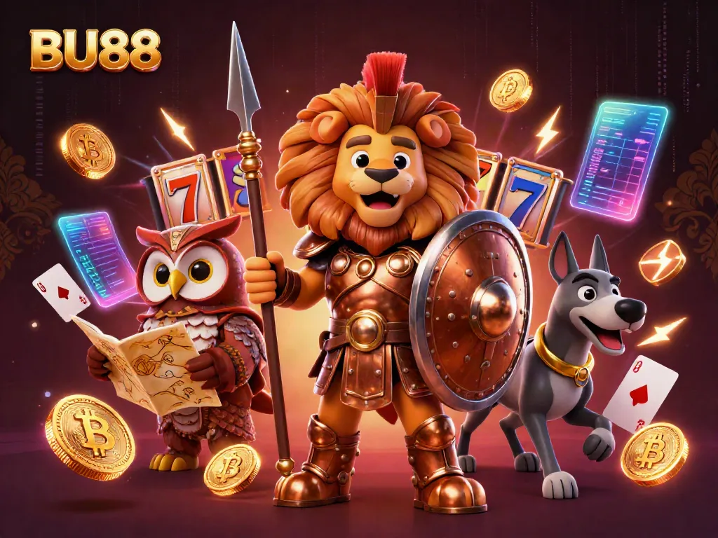 Engage in exciting BU88 slot battles with vibrant 3D characters and cryptocurrency around an action-filled scene.