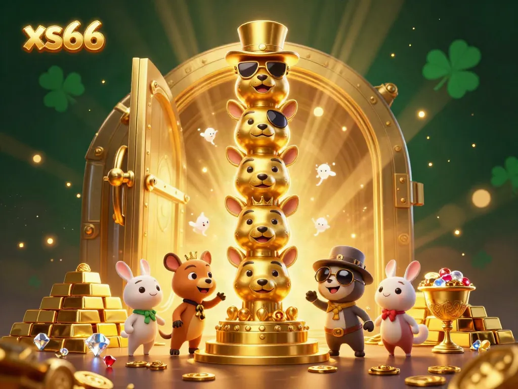 Engage with the vibrant gold-filled scene featuring xs66, capturing casino joy with a totem mascot.