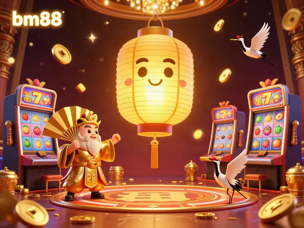 Engage in thrilling casino adventures with bm88 amidst vibrant, lucky-themed elements and golden glow.
