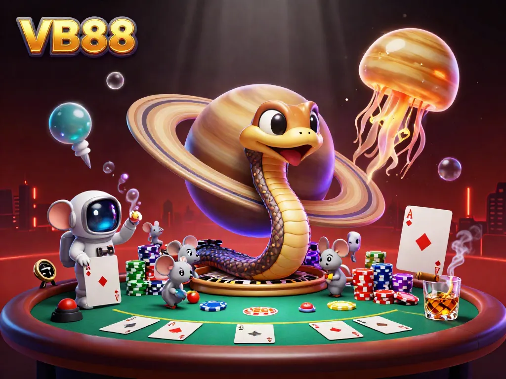 VB88 players engage with the cosmic roulette wheel as astronaut mice place bets in a vibrant casino scene.