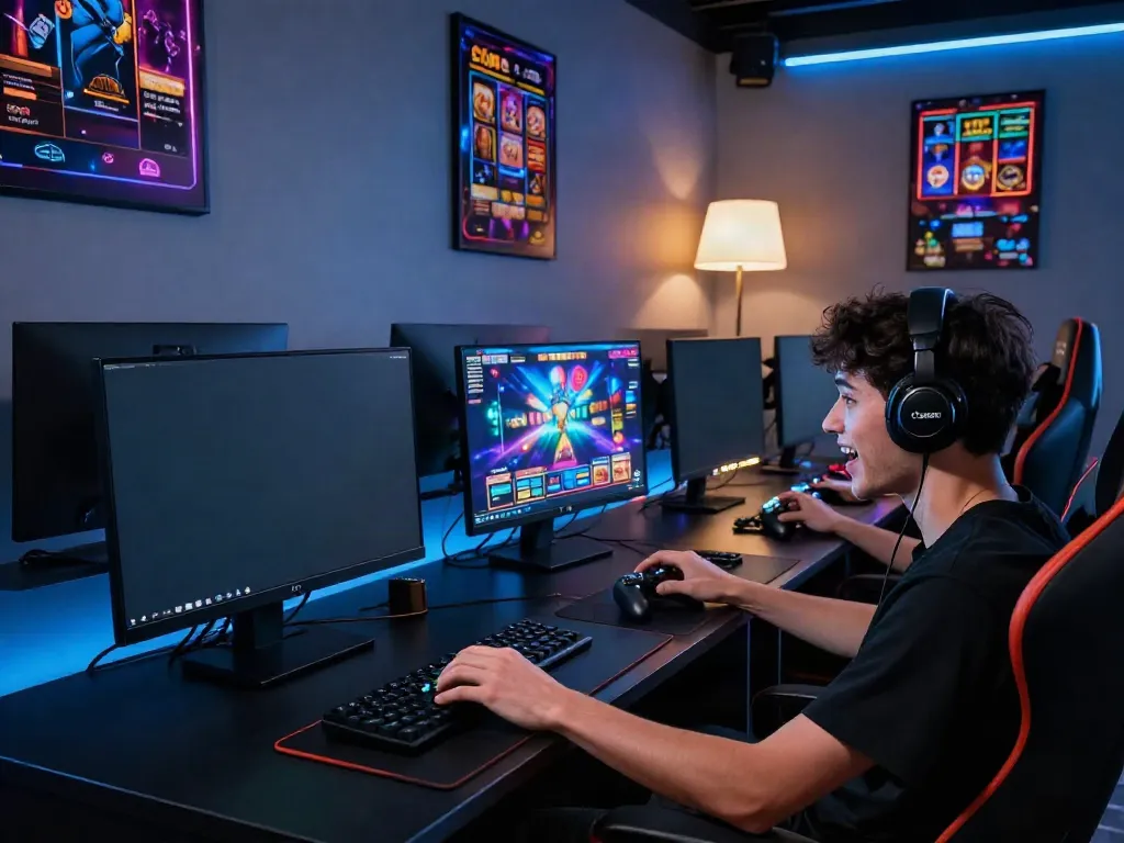 Player engaged with slot88 games on multiple screens in a modern gaming setup.