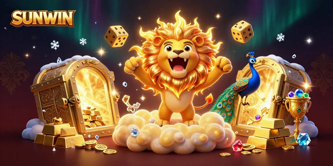 Experience the thrill of SUNWIN with a vibrant scene showcasing a roaring sun lion amidst golden treasures and dynamic gaming elements.