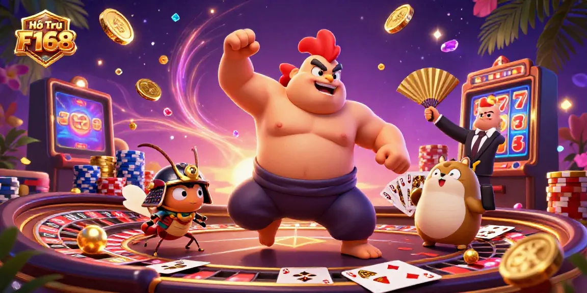 The dynamic casino scene showcases a powerful sumo wrestler rooster, a fierce cricket, and a tanuki announcer, with gold coins and chips around Hỗ Trợ F168.