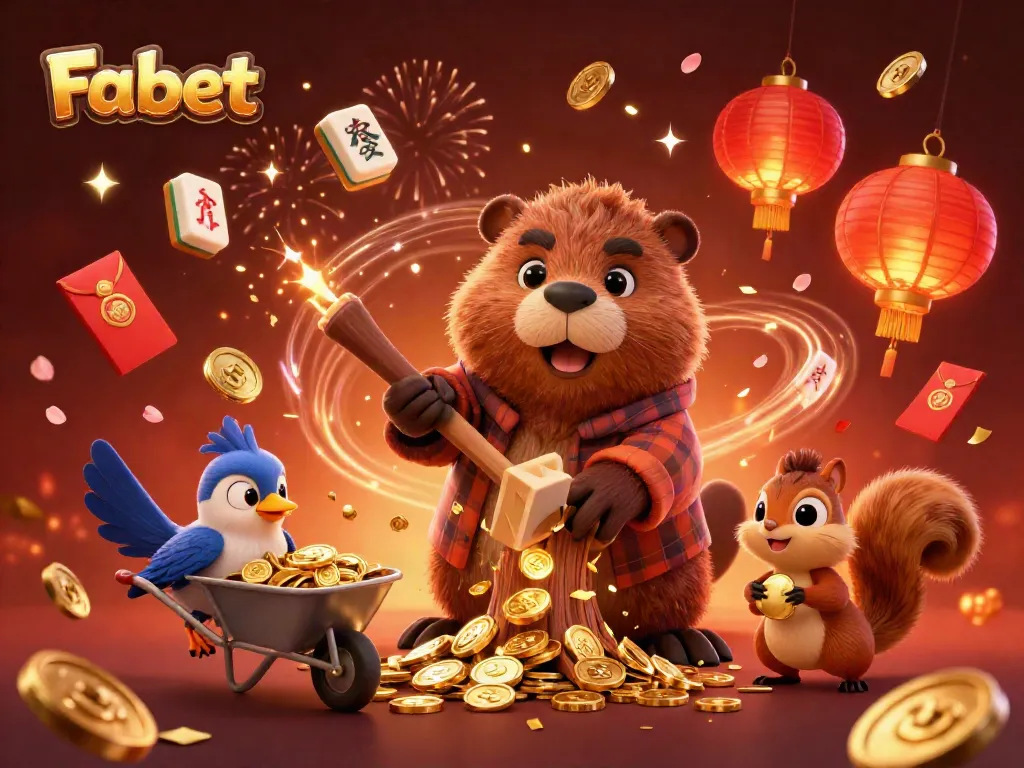 Experience luck with Fa bet as a cartoon beaver brings in golden coins amidst festive elements.