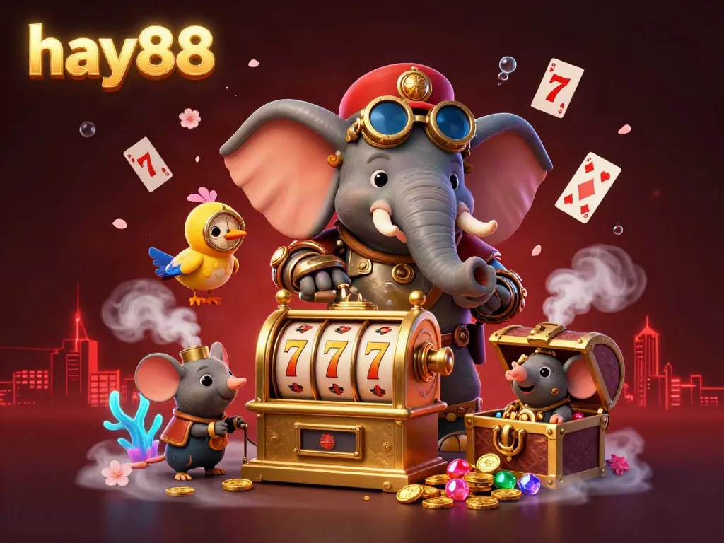 Experience the excitement of hay88 with a steampunk elephant engineer operating a golden slot machine amidst floating cards and vibrant treasures.