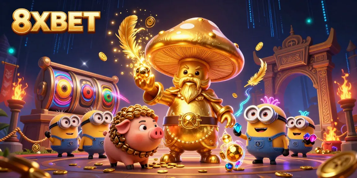 Engage with thrilling 8XBET gaming, adorned with magical elements and treasures amidst vibrant action.