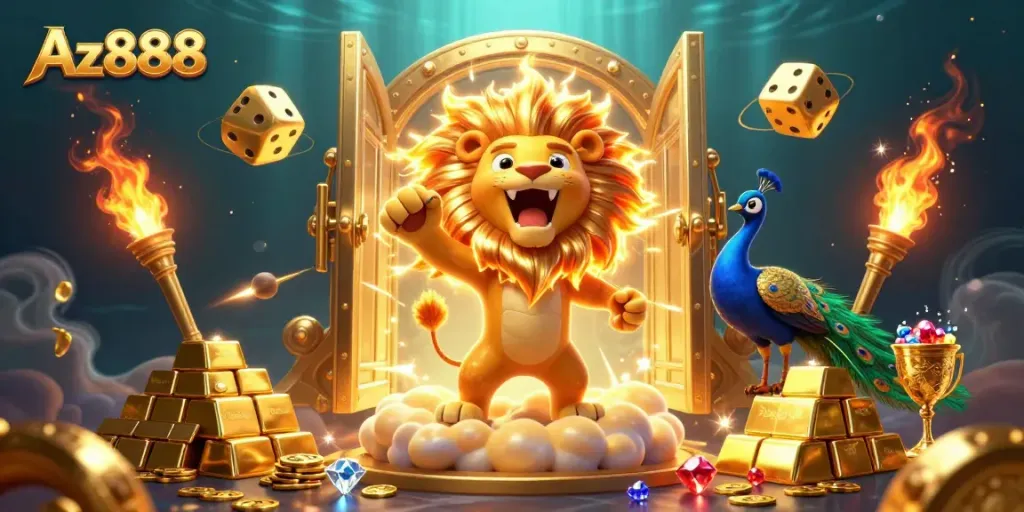 Experience the thrill of Az888 casino with dynamic characters, golden treasures, and rich gaming elements.